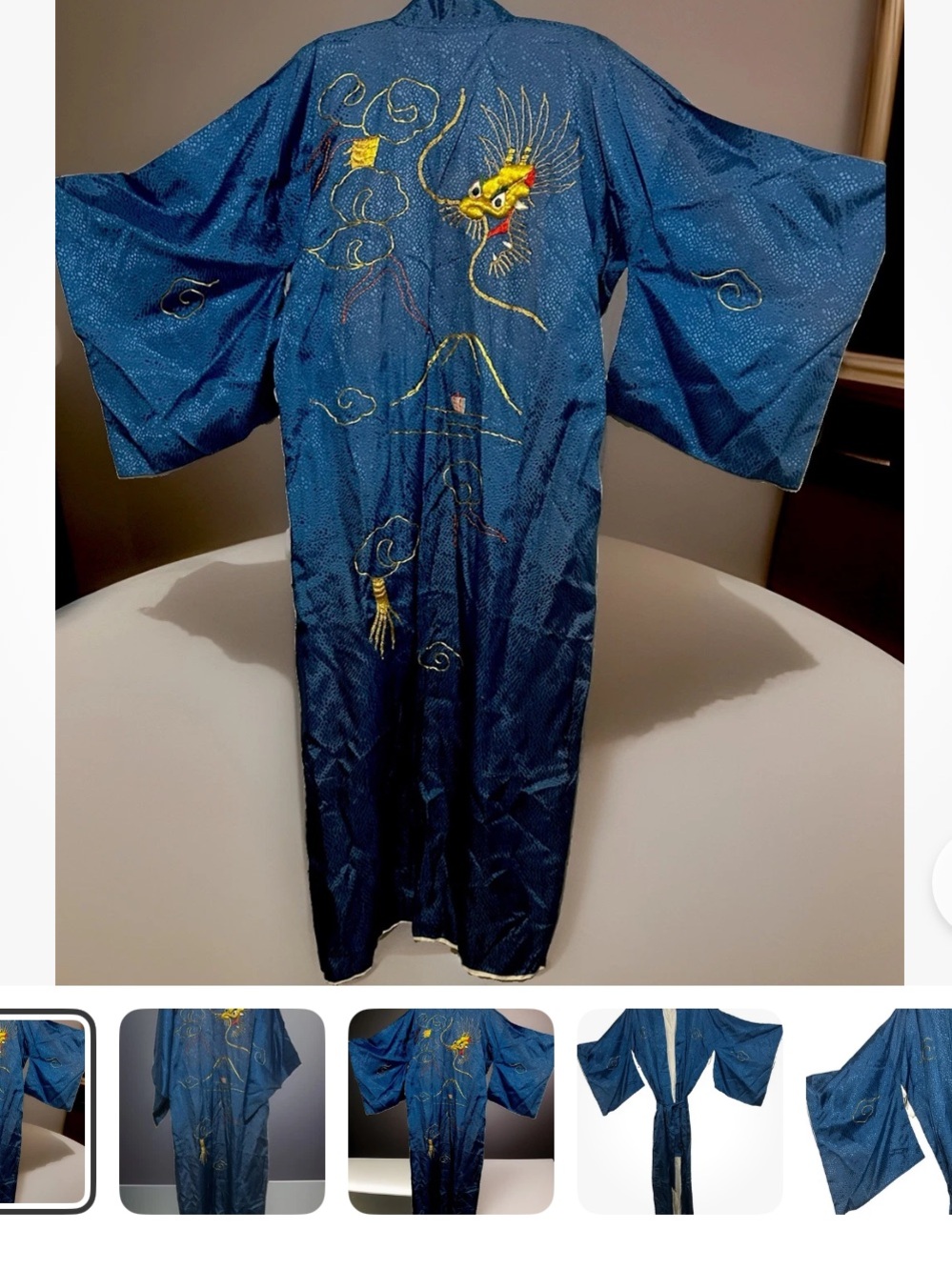 Vintage Daiwa Kimono Robe L Blue Satin Embroidered Dragon Traditional Japanese